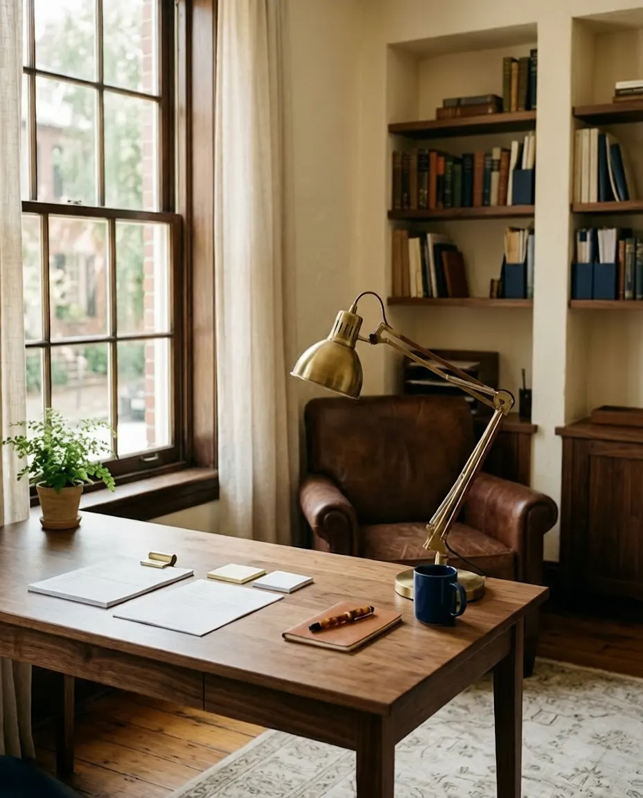 A calm, light-filled interior with a desk and comfortable seating for client meetings.